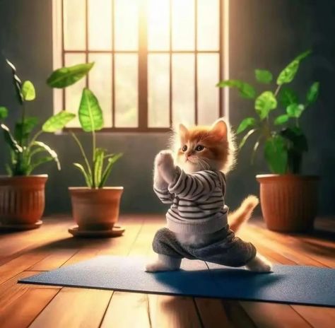 Cat Yoga Funny, Cat Working Out, Funny Yoga Poses, Animated Cats, Yoga Cat, Cat Work, Cat Yoga, Yoga Music, Satisfying Videos