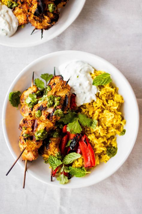 easy indian tandoori chicken bowls | So Much Food Party Dinner Ideas, Grilled Broccolini, So Much Food, Cilantro Chutney, Chicken Bowls, Chicken Bowl, Chicken Spices, Grilled Chicken Recipes, Chicken Skewers