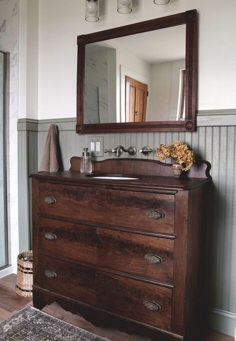 Learn how to turn a vintage dresser into a bathroom vanity with an undermount sink. #diy #bathroomrenovation #bathroomvanity Dresser Turned Bathroom Vanity, Dresser Sink, Small Bathroom Renos, Dresser Vanity Bathroom, Sink Diy, Vanity 6, Beadboard Paneling, Minimalist Vanity, Dresser Vanity