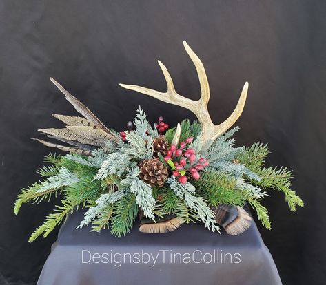 Flower Arrangements With Antlers, Antler Centerpiece Christmas, Antler Floral Arrangement, Wild Game Dinner Decorations, Antler Arrangements, Antler Table Decor, Antler Tree Topper, Antler Christmas Decor, Antler Centerpiece