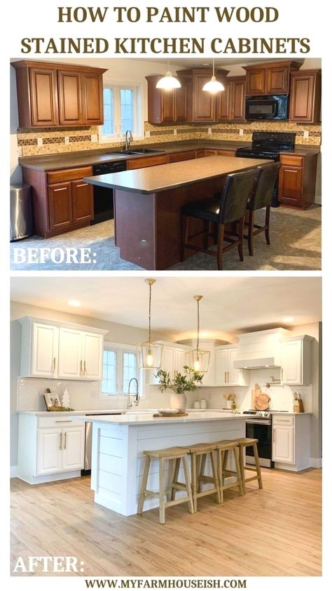 #kitchentips #kitchenmakeover #kitchenideas Wood Stained Kitchen Cabinets, Stained Kitchen Cabinets, Diy Kitchen Renovation, Diy Kitchen Remodel, Kitchen Remodel Before And After, Paint Wood, Island Kitchen, Kitchen Remodeling Projects, Cabinets Kitchen