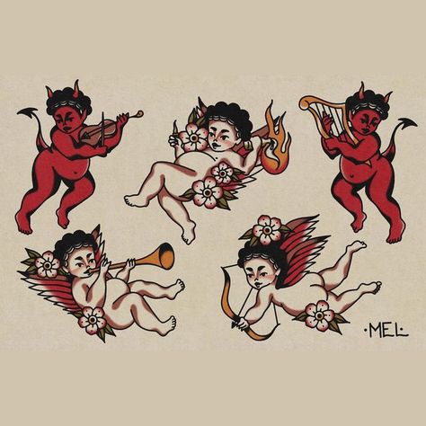 Cherubim Angels Tattoo, Tattoo Devil, Angel Devil Tattoo, Traditional Tattoo Drawings, Cherub Art, Cupid Tattoo, Angel Bebe, Traditional Tattoo Inspiration, Cherub Tattoo