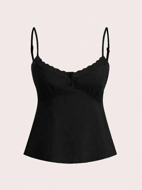 Ladies' Lace Patchwork Camisole Top For Casual And Vacation Black Casual   Woven Fabric Plain Cami Non-Stretch All Women Clothing, size features are:Bust: ,Length: ,Sleeve Length: Black Tank Top Aesthetic, Luxury Tops, Moda Grunge, Black Cami Top, Estilo Grunge, Women Tank Tops, Lace Camisole, Black Camis, Lace Patchwork