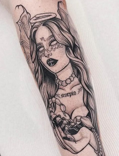 Scorpio Tattoos, Girls With Sleeve Tattoos, Scorpio Tattoo, Palm Tattoos, Goddess Tattoo, Scorpion Tattoo, Floral Tattoo Sleeve, Medusa Tattoo, Greek Tattoos