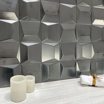 3D Tiles Traditional Tile Design, Steel Tiles, Stretch Ceiling, Tiles Designs, Silver Tile, Modern Bathroom Tile, 3d Wall Tiles, 3d Tiles, Traditional Tile