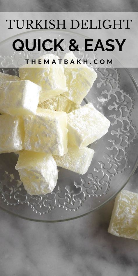 This recipe for Turkish delight, or Raha, is chewy, sweet, and aromatic cubes of goodness that pair perfectly with tea or Turkish coffee. #turkishdelight #dessertrecipes #easydesserts #dessertideas #uniquedesserts #syriandesserts #syrianfood #syrianrecipes #turkishdessert #homemadedesserts #yummydesserts Vegan Turkish Delight, Easy Turkish Delight Recipe, Turkish Delight Narnia, Homemade Confections, Homemade Turkish Delight, Turkish Delight Recipe, Turkish Coffee Recipe, Turkish Cafe, Turkish Recipes Desserts