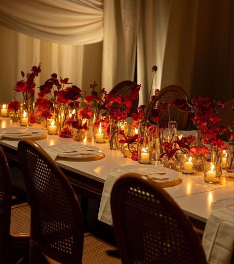 Red Table Scape, Red Engagement Party, Red Table Settings, Red Roses Centerpieces, Red Birthday Party, Candle Lit Wedding, Rectangle Tables, Red And White Weddings, Engagement Dinner