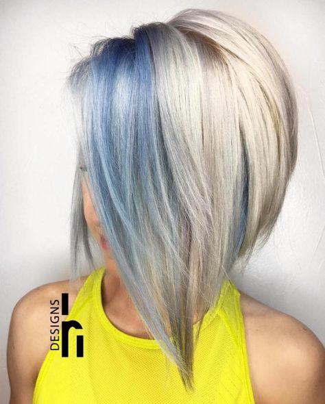 blue and blonde bob Hair With Peekaboo Color, Blue Bob Hair, Light Blue Hair Color, Long Bob Haircut With Layers, Brown Ombre Hair Color, Blue Hair Color, Peekaboo Color, Blue Bob, Blonde Bob Haircut