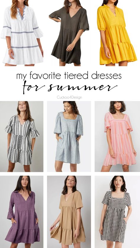 To me, summer is all about wearing loose comfy dresses, and in this post, I'm showing some of my favorite tiered mini dresses with sleeves | tiered mini dress long sleeve | summer dresses | loose dresses | comfy summer dresses | tunic dresses | tiered tunic dresses | mini chambray dresses | summer fashion favorites | smocked tiered mini dress | gingham tiered mini dress | tiered mini babydoll dress | tiered ruffle mini dress cotton | shift dresses | Tiered Dress Pattern Sewing, Tiered Ruffle Dress Pattern, Diy Tiered Dress, Loose Summer Dresses, Babydoll Dress Pattern, Tiered Dress Pattern, Smock Dress Pattern, Ruffled Dress Pattern, Long Tiered Dress