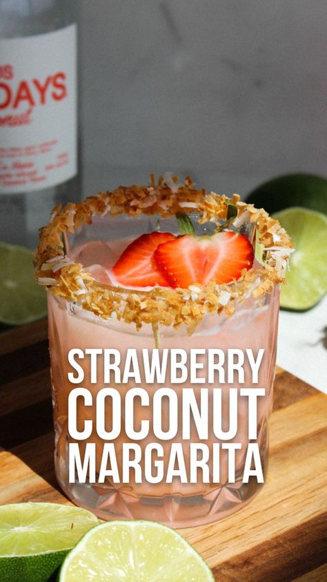 RECIPE:
• 2 oz Los Sundays Coconut Tequila 
• 1/2 oz strawberry simple syrup
• 3/4 oz cream of coconut 
• 1/2 oz fresh lime juice 
• toasted coconut for rim 
• sliced strawberry for garnish Strawberry Coconut Margarita, Sliced Strawberry, Coconut Tequila, Strawberry Tequila, Strawberry Simple Syrup, Tequila Recipe, Cream Of Coconut, Coconut Margarita, Malibu Coconut