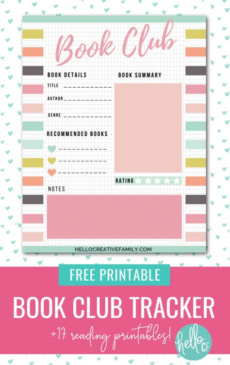 Keep track of each of the books your book club reads with this free book club tracker printable! We're also sharing 17 free reading printables for kids and adults from book scavenger hunts, to bookmarks, book stickers and coloring pages! Book Club Journals Free Printable, Book Club Printables, Book Scavenger, Book Scavenger Hunt, Reading Printables, Book Club Reads, Reading Themes, Tracker Free, Book Tracker