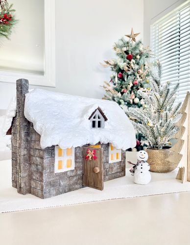 D.I.Y. Christmas cottage | Bunnings Workshop community Christmas Dollhouse, Expanding Foam, Glue Painting, Christmas Dining Room, Christmas Cottage, Christmas Village Display, Sand Painting, How To Make Snow, Miniature Christmas