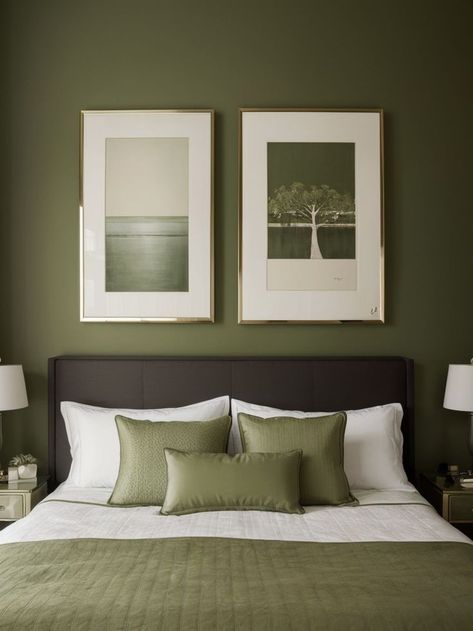 Create a chic and relaxing atmosphere in your bedroom with an olive green accent wall. Add a touch of sophistication by incorporating stylish paintings and prints that complement the color scheme. Olive Bedroom Color Scheme, Olive Green Bedroom Color Scheme, Olive Green Accent Wall, Olive Green Accents, Green Bedroom Colors, Olive Bedroom, Green Accent Wall, Olive Green Bedrooms, Green Accent Walls