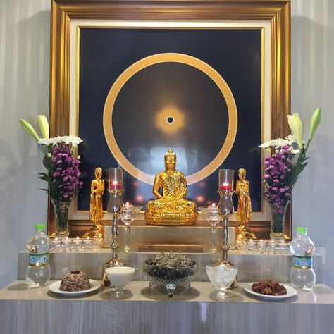 Vande. Vande. Buddhaya. Buddhaya. Namo. Namo. Buddha Vihar Design For Home, Buddha Pooja Decoration, Buddha Decor Ideas, Buddha Room Design, Grandma Room, Agama Buddha, Meditation Alter, Pooja Decoration, Buddhist Shrine