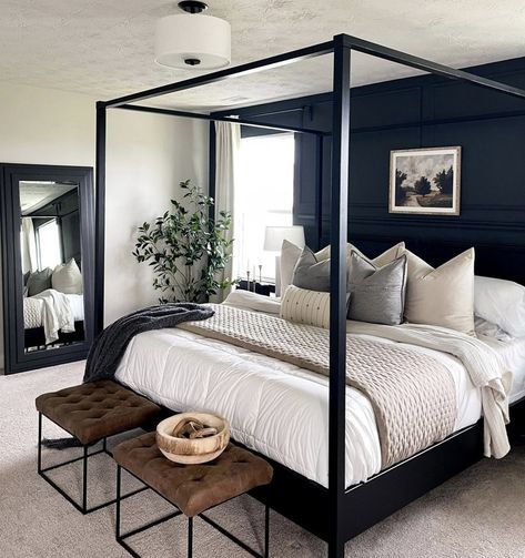 Blue Bedroom Colors, Navy Blue Bedroom, Black Accent Wall, Wall Canopy, Airbnb Design, Home Design Diy, Small Bedroom Designs, Four Poster Bed, Four Poster