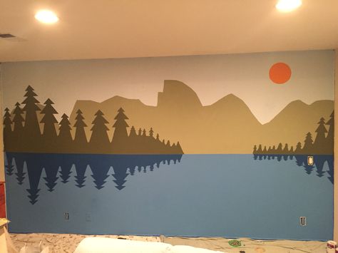 Yosemite wall mural for my newborn son Yosemite Nursery, Yosemite Background, Boys Explorer Bedroom, Explorer Bedroom, Seaside Bedroom, Nursery Wall Murals, Murals For Kids, Bedroom Murals, Walls Room