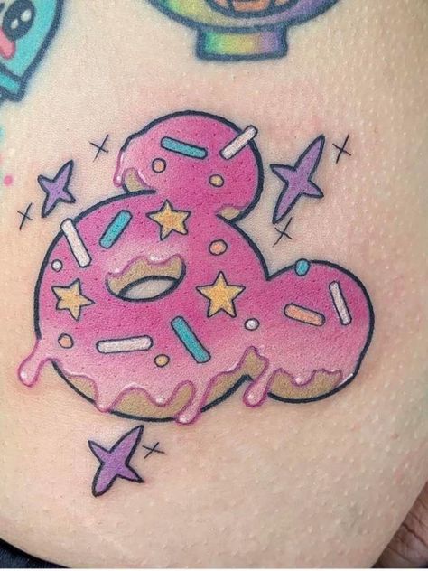 Disney Snack Tattoo, Mickey Donut, Dessert Tattoo, Baking Tattoo, Kawaii Tattoos, Donut Tattoo, Disney Inspired Tattoos, Candy Tattoo, Food Tattoos