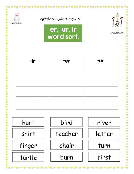 Worksheets Grade 2, Er Ir Ur, Teaching Esl Students, Er Words, Digraphs Worksheets, Learning Phonics, Classroom Anchor Charts, Letter To Teacher, Phonics Practice