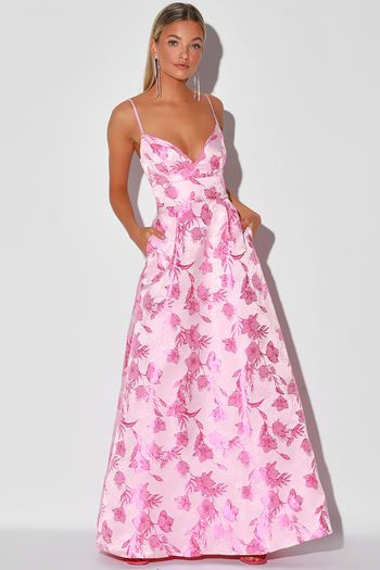 Long Pink Floral Dress, Skater Maxi Dress, Hot Pink Dress, Formal Dresses Gowns, Hot Pink Dresses, Floral Dresses Long, Pretty Prom Dresses, Stunning Gowns, Pink Floral Print