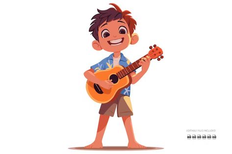 boy playing guitar, Illustrations ft. children & character - Envato Elements Kids Illustration Character, Kids Playing Illustration, Playing Guitar Illustration, Frog Project, Boy Playing Guitar, Boy Character Design, Guitar Cartoon, Kids Graphic Design, Guitar Illustration