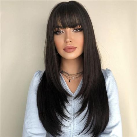 This Fashionable Female Wig Is Made Of 100% High-Quality Heat-Resistant Synthetic Fiber, 150% High Density, Highly Imitating Human Hair, No Reflection And No Shine, Support The Use Of Curling Irons To Straighten Or Curl Hair, But The Temperature Should Be Below 160. Suitable For Daily Wear. This Lady's Wig Looks Natural And Is Soft, Skin-Friendly, Comfortable And Breathable, Not Easy To Tangles, Not Easy To Fall Off, Which Can Perfect With Modern Clothing, Making You Full Of Charm And Becoming T Bangs Black Women, Straight Wig With Bangs, Gabor Wigs, Clothing Making, Long Straight Wig, Curl Hair, Curling Irons, Wig With Bangs, Long Black Hair