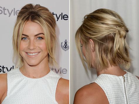 Knotted For a unique twist on a typical half-pony, tie your hair into a knot at the back! This style works best on shorter hair, since your layers will create a cool, tousled effect. Julianne Hough Short Hair, Julianne Hough Hair, Kort Bob, Short Hair Tutorial, Julianne Hough, Low Bun, Penteado Cabelo Curto, Short Hair Updo, Trending Hairstyles