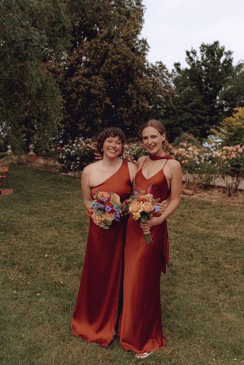 Burnt Orange Bride Dress, Bridesmaids Burnt Orange, Burnt Orange Wedding Theme, Bridesmaid Dresses Orange, Orange Bridesmaids, Bridesmaid Color Scheme, Bridesmaids Styles, Burnt Orange Bridesmaid Dresses, Orange Wedding Themes