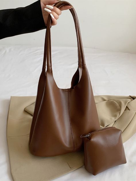 Coffee Brown Elegant Collar  PU Leather Plain  Embellished   Women Bags Daily Shoulder Bag, Brown Leather Bag Outfit, Leather Tote Bag Outfit, Leather Hand Bags For Women, Minimalist Shoulder Bag, Tote Bag Outfit, Minimal Bags, Photography Bags, My Style Bags