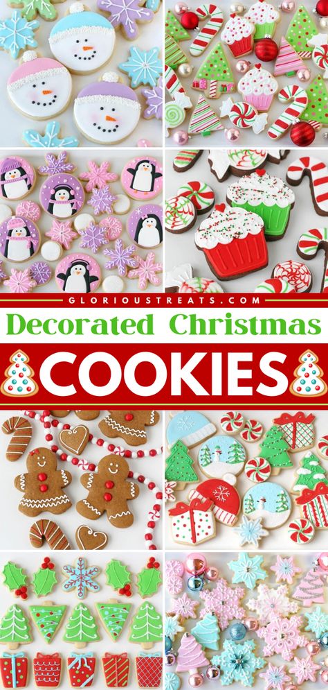 Make the best Christmas cookies with this list of Decorated Christmas Cookies perfect for the whole family! These homemade cookies start with a Perfect Sugar Cookie recipe and royal icing. Pin this easy holiday baking recipe! Christmas Decor Cookies Ideas, Decorated Cookies Recipes, Cookie Decorating Icing Christmas, Holiday Cookie Decorating Ideas, Simple Cookie Decorating Christmas, Decorating Christmas Cookies Tutorials, Christmas Decorating Cookies, Professional Christmas Cookies, Decorate Sugar Cookies Christmas