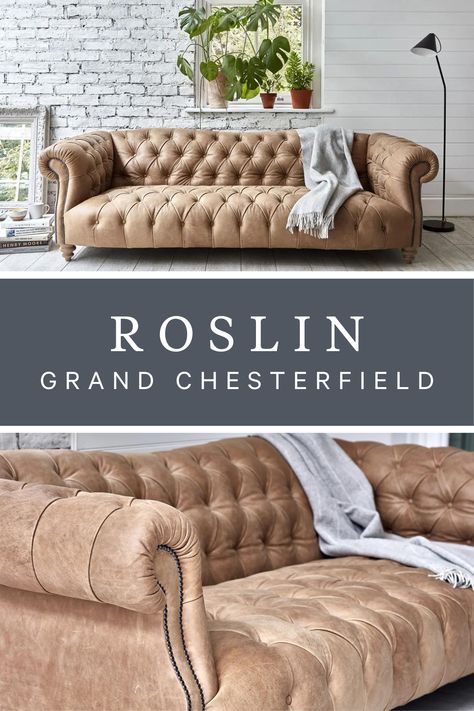 Imagine coming home to the warm embrace of the Roslin Contemporary Chesterfield Sofa. It's more than just a sofa - it's a statement of style, tradition, and comfort. Ideal for large family seating or as a grand centerpiece in your living room. Whether you're in a spacious apartment or a cozy family room, this on-trend chesterfield from Darlings of Chelsea will transform your space into a haven of relaxation. Don't just sit on it, make it a part of your family's history. Modern Chesterfield Sofa Living Rooms, Chesterfield Sofa Living Room Modern, Modern Chesterfield Sofa, Chesterfield Sofa Living Room, Types Of Couches, Cozy Family Room, Sofa Couch Design, Transitional Sofa, Chesterfield Style Sofa