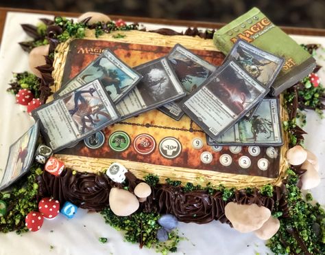 Magic the Gathering cake. Everything is edible. Magical tree stump used as a table top for Magic the Gathering. SweetHeart Bake Shop The Dalles Orego #sweetheartbakeshop #magicthegatheringcake #magicthegathering Mtg Cake, Magic The Gathering Cake, Mtg Wedding, Diy Edible, Wedding Renewal, Pokemon Cake, Magic Party, Magical Tree, 40th Birthday Cakes