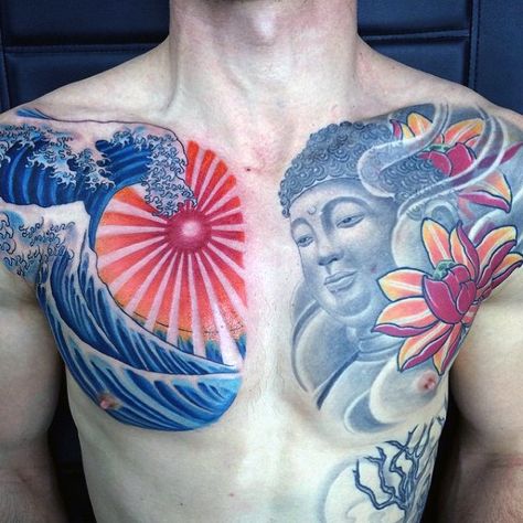 Sun Tattoo On Chest, Japanese Chest Tattoo Design, Sun Tattoo Chest, Sun Tattoo Designs For Men, Japanese Koi Tattoo, Rising Sun Tattoo, Rising Sun Tattoos, Japanese Rising Sun, Yogi Tattoo