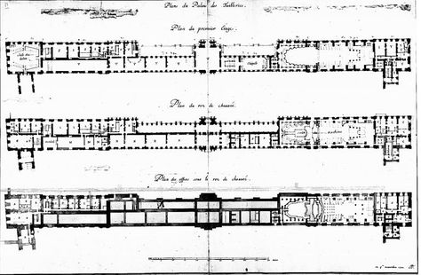 Tuileries Palace encloses the western end of the Louvre and the formal gardens that make up Jardin des Tuileries park, stretching from the Louvre to the Place de Concorde, and bordered by the Seine. Floor Plans of three levels. Tuileries Palace, Louvre Palace, Craftsman Floor Plan, Palace Architecture, Empire Design, Lodge House, Versailles Garden, Tuileries Garden, Luxury Plan