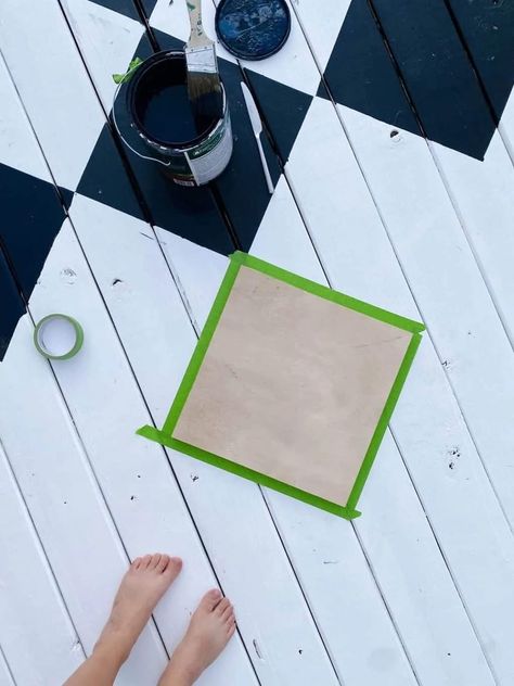 overhead view of painted decking with template for painting a diamond pattern Floor Stencil Patterns Templates, Stenciled Deck, Painted Decking, Camper Playhouse, Floor Stencils Patterns, Deck Patterns, Diamond Template, Stencil Concrete, Stencil Patterns Templates