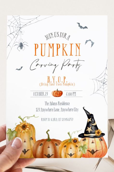 Pumpkin Carving Party, Halloween Party Invitation, Digital Party invite, DIY Editable Digital Electronic Evite, Corjl Template, BYOP Halloween Pumpkin Carving Party, Pumpkin Carving Party Ideas Kids, Bring Your Own Pumpkin Party, Pumpkin Carving Birthday Party, Pumpkin Carving Party Ideas, Halloween Invitation Ideas, Kids Pumpkin Carving Party, Pumpkin Painting Party Invitations, Pumpkin Painting Invitations