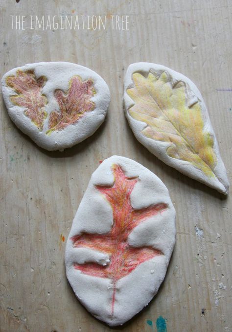 Make coloured leaf impressions in salt dough to make Autumn keepsakes! Fun for kids of all ages Pretzel Pumpkins, Salt Dough Crafts, Imagination Tree, Fall Preschool, Fall Crafts For Kids, Autumn Crafts, Fall Projects, Salt Dough, Childrens Crafts