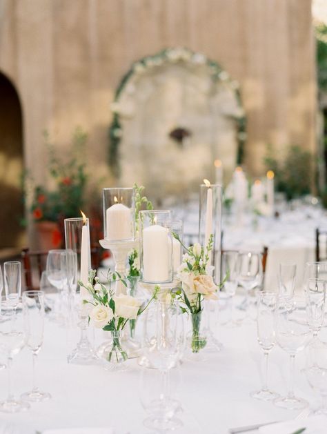 Like the idea of different candle heights paired with bud vases Round Table Centerpieces, Greenery Centerpieces, Bud Vases Wedding, Bud Vase Centerpiece, Round Wedding Tables, Greenery Centerpiece, Simple Wedding Centerpieces, Candle Wedding Centerpieces, Centerpieces Wedding