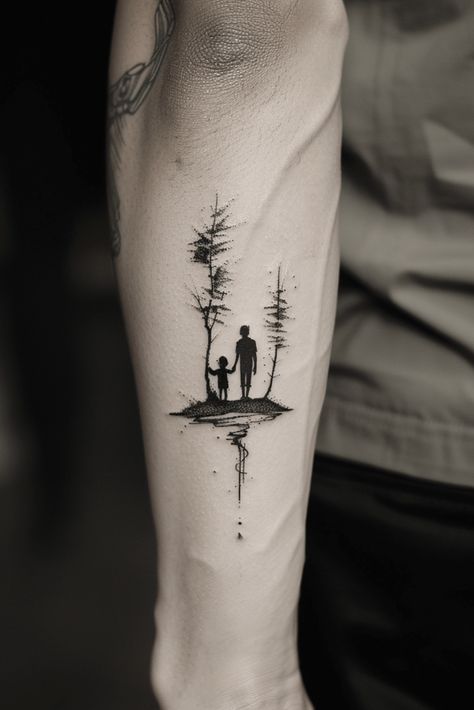 Memorable Father Son Tattoo Ideas for Special Connections Father Son Silhouette Tattoo, Tattoo Ideas For Father And Son, First Son Tattoo Ideas Dads, Mum Tattoos For Men, Tattoo Ideas For Dads With Daughters, Tattoo Ideas For Father, Dad Son Tattoo Design, Family Tattoo Ideas For Men, Tattoo Father And Son