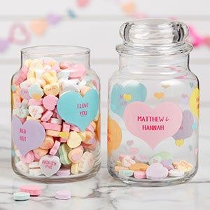 Personalized Candy Jars, Personalized Cookie Jar, Glass Candy Jars, Dog Treat Jar, Personalized Cookies, Personalized Candy, Conversation Hearts, Valentine Hearts, Treat Jars