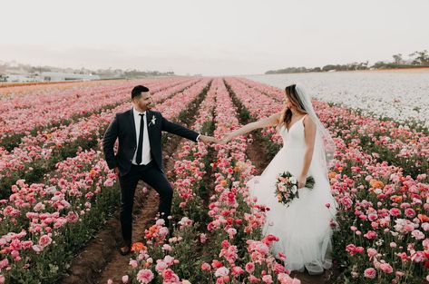 Good News: You Can Get Married Surrounded by a Super Bloom of Ranunculus! - Green Wedding Shoes Flower Field Wedding, Super Bloom, Field Wedding, April Wedding, Wedding Dress Boutiques, Unique Wedding Venues, Ceremony Backdrop, Gorgeous Wedding Dress, Blush And Gold