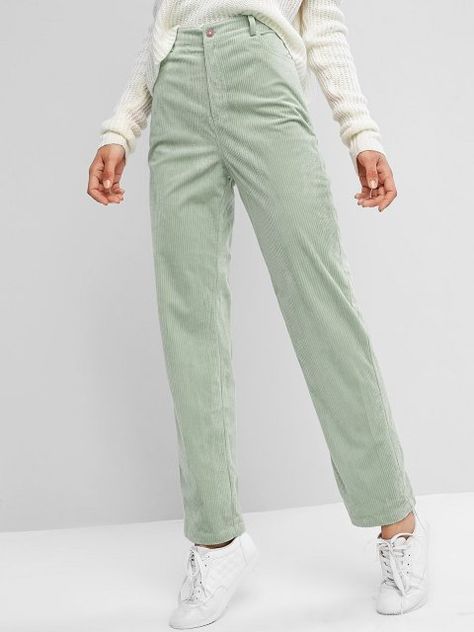 [32% OFF] 2020 ZAFUL High Waisted Corduroy Pants In LIGHT GREEN | ZAFUL .. Green Trousers Outfit, Green Jeans Outfit, Colored Jeans Outfits, Thrift List, Green Pants Outfit, Green Trousers, Green Corduroy, Green Jeans, Muslimah Fashion Outfits