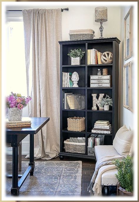 Crosley Furniture Clifton Tall Pantry, 2 Stackable Pantries, Distressed White Black Office Furniture, Sanctuary Home Decor, Office Organization Tips, Sanctuary Home, Home Office Makeover, Black Bookcase, Cozy Home Office, My Home Office, Office Decorating