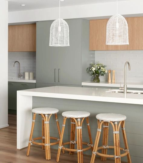 White Timber Kitchen, Kitchen Island Coastal, Light Over Kitchen Island, Kitchen Island Pendant Lighting, Island Pendant Lighting, Lights Over Kitchen Island, Framed Mirrors, Kitchen Island Pendant, Kitchen Island Lighting Pendant