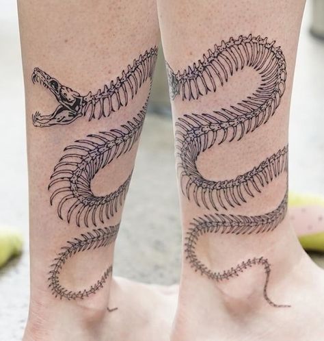 Snake Tattoo Skeleton, Snake Skeleton Tattoo Leg, Snake Tattoo Arm Wrap, Snake Skeleton Tattoo Arm, Tattoos That Wrap Around Leg, Tattoo Wrapped Around Thigh, Snake Skeleton Drawing, Skeleton Dragon Tattoo, Snake Wrapped Around Leg Tattoo