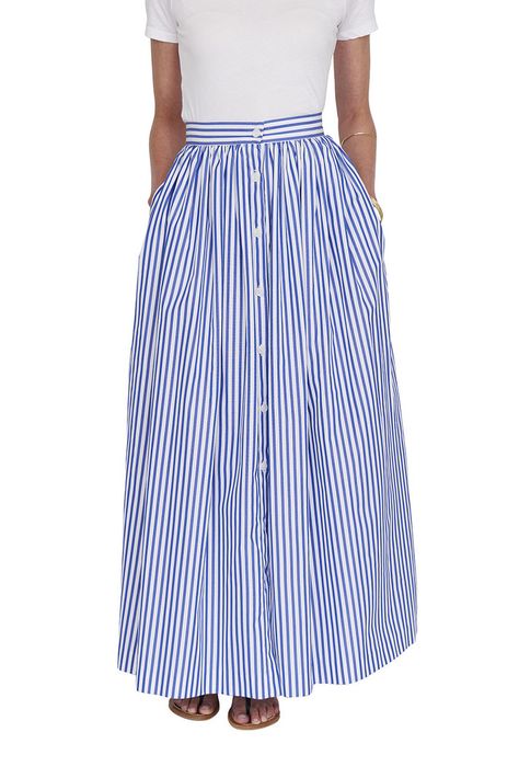 Custom Button Front Skirt Blue And White Striped Skirt, Sportswear Collection, Mark D Sikes, Tennis Skirt Outfit, Modern Hijab Fashion, White Striped Skirt, Button Front Skirt, Modest Skirts, Striped Skirt