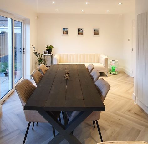 Black wooden dining table with grey/brown dining chairs. Cream velvet sofa. Herringbone flooring. Cream Velvet Sofa, Herringbone Flooring, Brown Dining Chairs, Brown Dining Table, Wooden Dining Table, Dining Table Black, Kitchen Diner, Wooden Dining Tables, Velvet Sofa