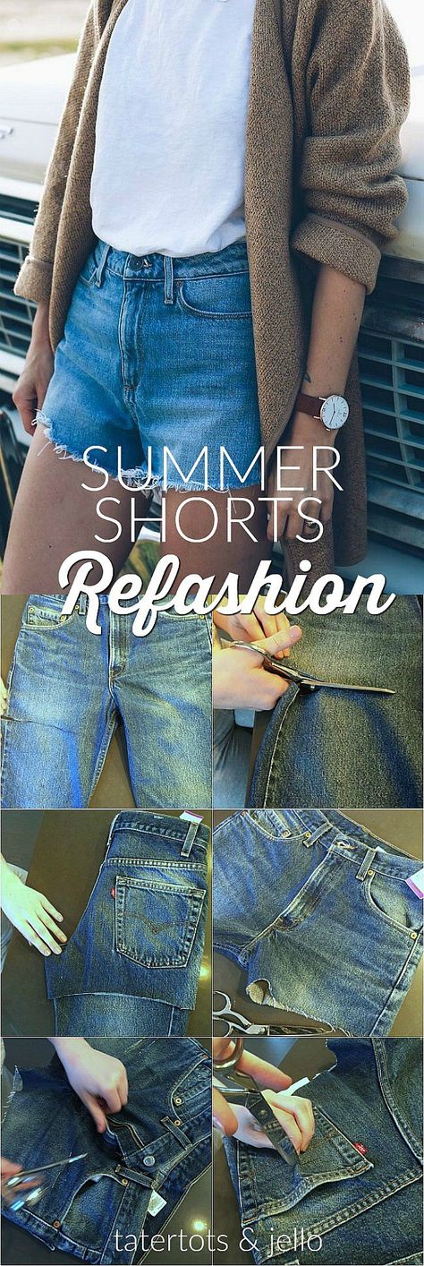 how to make womens high-waisted summer shorts from mens thrifted jeans Simple Halloween Costumes, Diy Jean Shorts, Making Shorts, Thrifted Jeans, Diy Summer Clothes, Ripped Jeggings, Ripped Knee Jeans, Shorts Diy, Diy Jeans