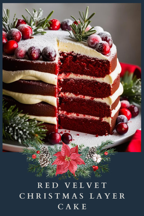 This Red Velvet Christmas Layer Cake is a showstopper for your holiday celebrations! With its rich red hue, velvety texture, and creamy frosting, it's the perfect centerpiece for your Christmas dessert table. Each slice is as delicious as it is festive! 🎄🍰

Pin this recipe for a stunning and delicious holiday treat that will wow your guests! Unique Red Velvet Cake, Christmas Dessert Red Velvet, Red Velvet Cake Christmas Decoration, Christmas Dessert Showstopper, Red Velvet Trifle Desserts Christmas, Red Velvet Tree Cake, Christmas Cake Red Velvet, Red Velvet Wreath Cake, Red Velvet Christmas Desserts