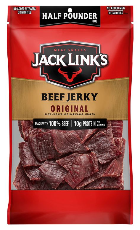 Jack Link's Beef Jerky, Original, 1/2 Pounder Bag - Flavorful Meat Snack, 10g of Protein and 80 Calories, Made with Premium Beef - 96% Fat Free, No Added MSG** or Nitrates/Nitrites, 8oz (As an Amazon Associate I earn from qualifying purchases) Beef Jerky Teriyaki, Snack Jack, Teriyaki Beef Jerky, Jack Links, Camping Snacks, Meat Snacks, Good Sources Of Protein, Beef Jerky, Fat Free