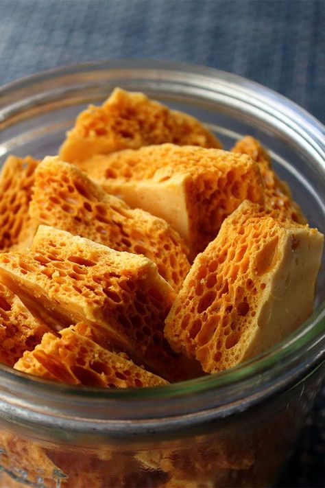 Honey Puffs Recipe, Recipes With Corn Syrup, Corn Syrup Recipes Desserts, Recipes Using Corn Syrup, Honeycomb Recipe Easy, Honeycomb Toffee Recipe, Homemade Honey Candy, Shelf Stable Desserts, Honeycomb Candy Recipe Homemade